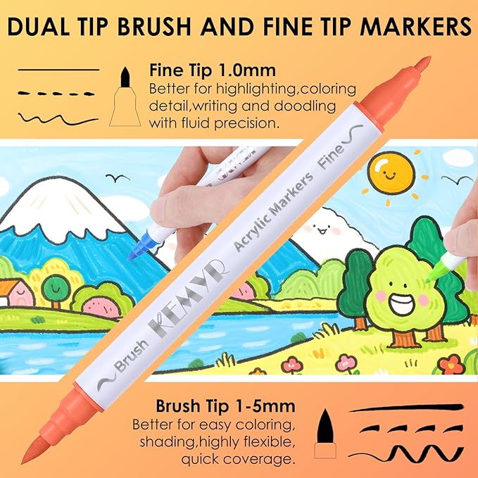 48 Colors Brush & Fine Tip Acrylic Paint Pens, Dual Tip Acrylic Paint Markers for Paper, Wood, Canvas, Stone, Rock, Glass, Fabric, DIY, Ceramic, Art Supplies for Adults Drawing