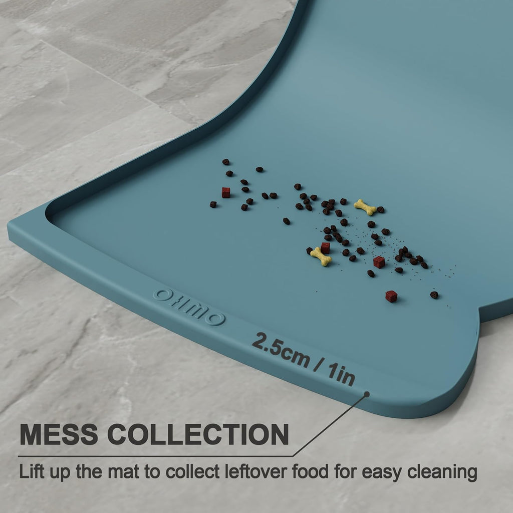 OHMO Dog Food Mat(Light Blue, 24 * 15'') w/Residue Collection Pocket Silicone Pet Feeding Mat for Floor High Edges Anti Spills Waterproof Cat Water Bowl Tray, Easy Clean Placemat
