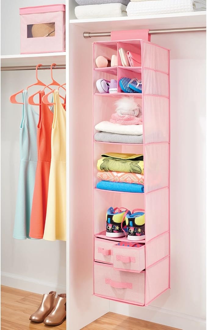 mDesign Fabric Hanging Organizer - Over Closet Rod Storage with 7 Shelves and 3 Removable Drawers for Baby Nursery or Bedroom Organization - Holds Clothes, Linens, Toys, Accessories - Pink Herringbone