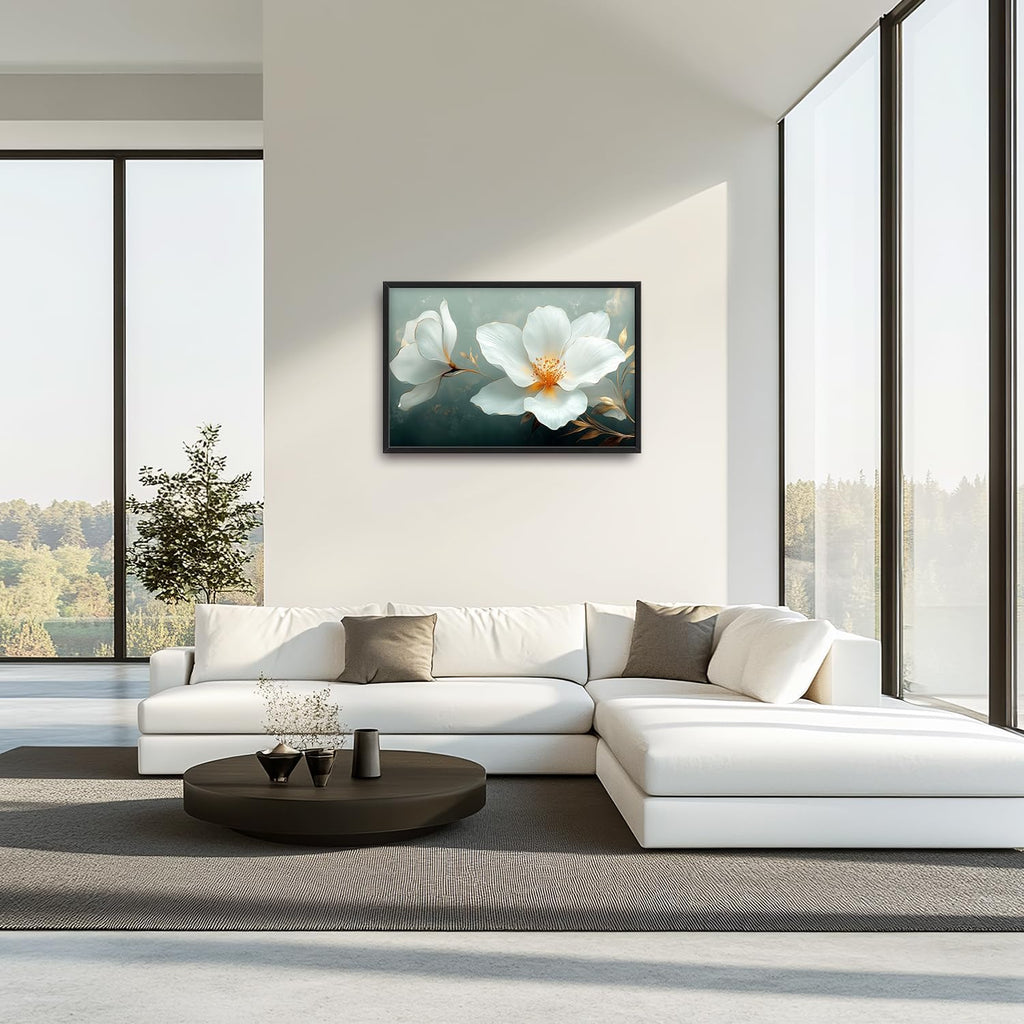 Large White Floral Wall Art for Living Room, Flower Canvas Oversized Wall Decor, Aesthetics Framed Pictures Painting Print Artwork for Bedroom Office 36L" x 24W"