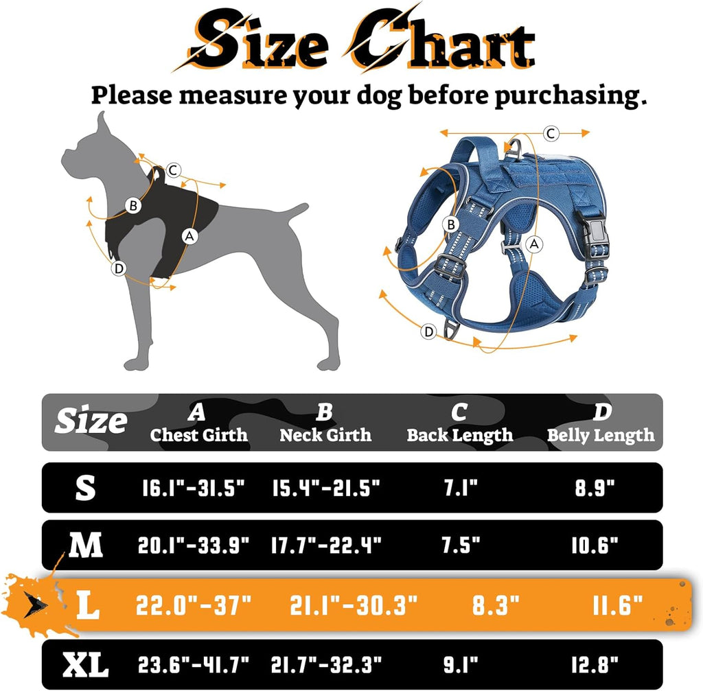 rabbitgoo Dog Harness for Large Dogs No Pull, Tactical Service Pet Vest with Molle and Control Handle, Adjustable and Reflective Military Harness for Easy Walking and Training, Blue, L