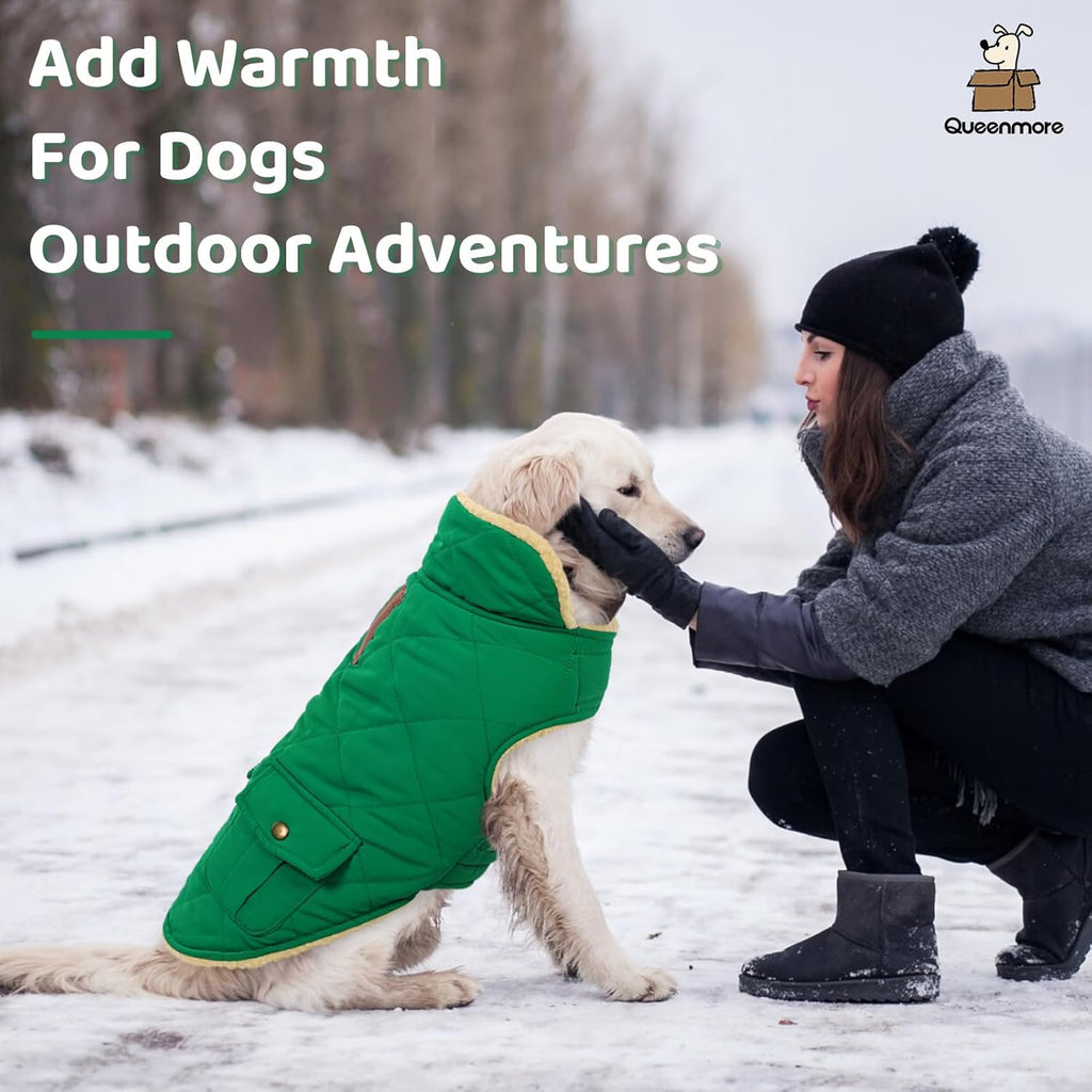 Queenmore Warm Dog Coat, Cold Weather Puffer Dog Coat Vest, Quilting Winter Pet Jacket Ultra Thick Plush Fleece Lining Pet Clothes for Dogs with Storage Pockets (Forest Green,X-Large)
