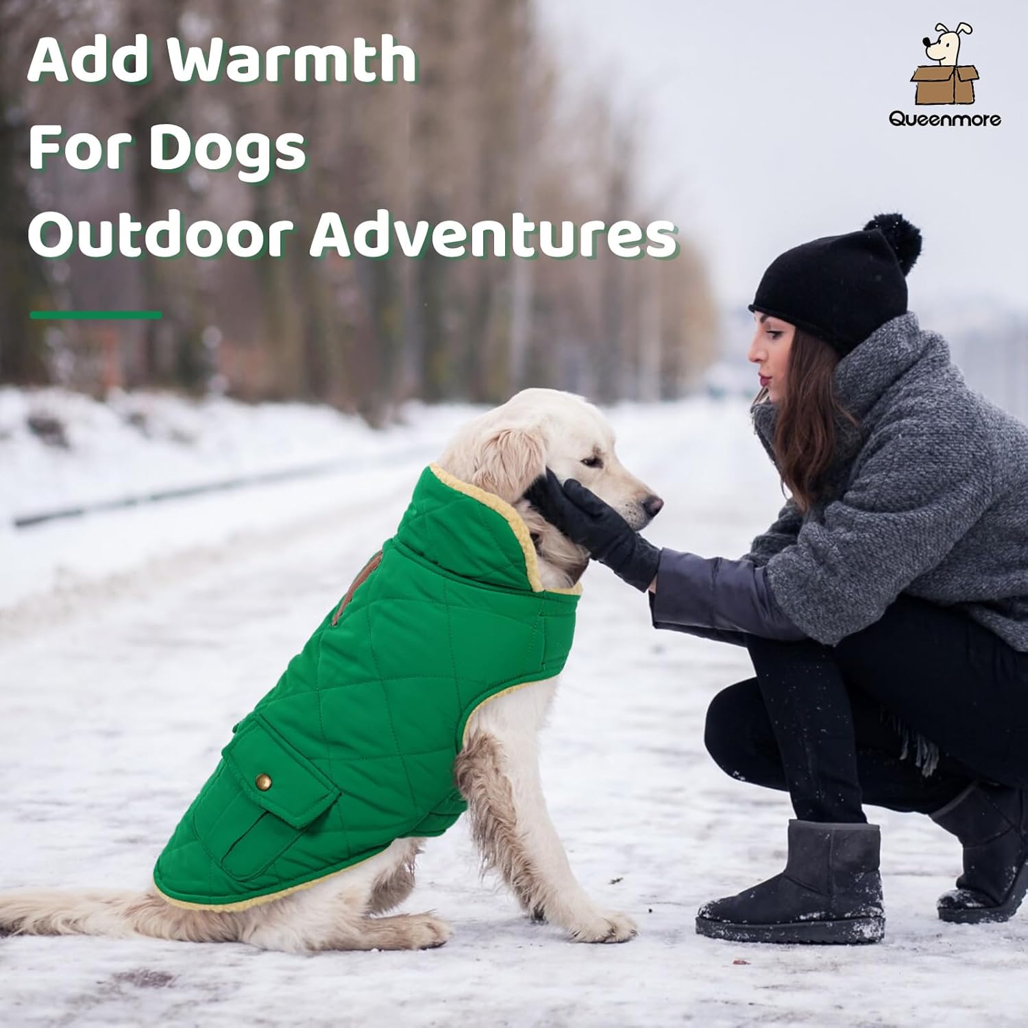 Queenmore Warm Dog Coat, Cold Weather Puffer Dog Coat Vest, Quilting Winter Pet Jacket Ultra Thick Plush Fleece Lining Pet Clothes for Dogs with Storage Pockets (Forest Green, Medium)