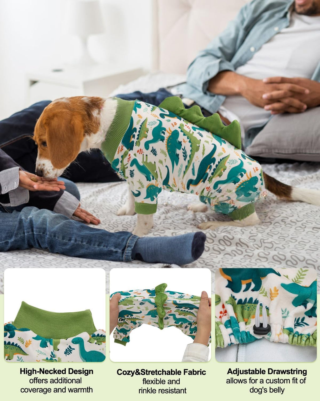 CuteBone Dinosaur Costume Dog Pajamas, Stretchy Spandex Crystal Velvet Sleepwear Coat for Small Dogs, Soft & Warm Pet Outfit Clothes for Cold Weather, Cozy Pullover Design COSP05S