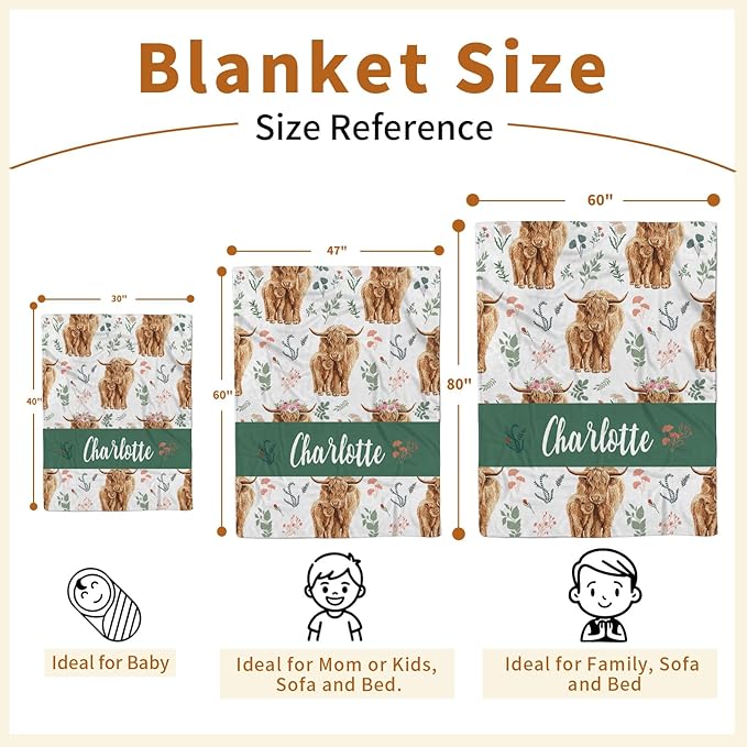 Personalized Baby Name Blanket for Boy Girl, Soft Flannel Blanket with Double Layer Dotted Backing for Infant Newborn, Nursery Crib with Floral Highland Cow Design, Gifts for New Mom(30”x40)