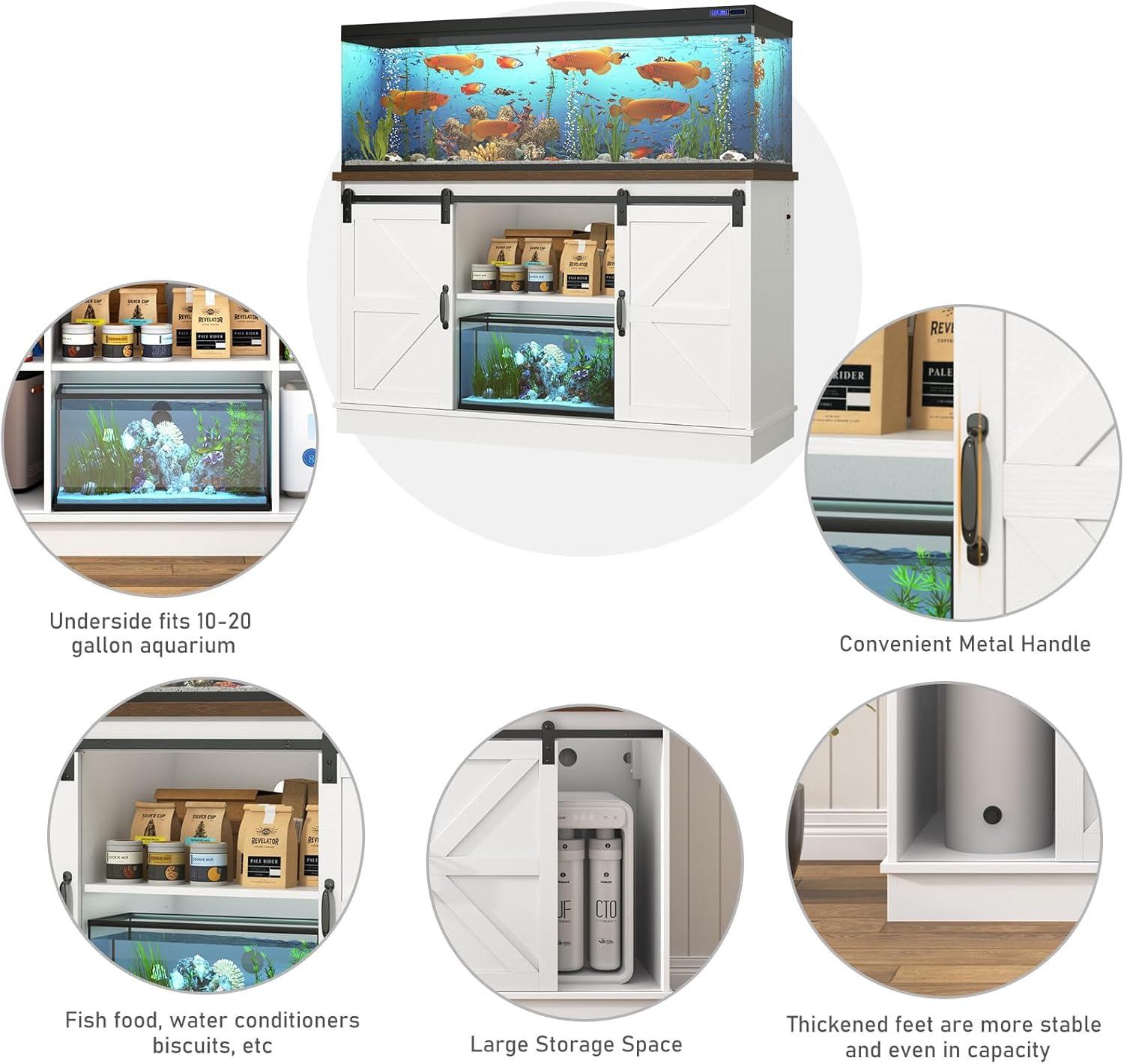Farmhouse 55-75 Gallon Fish Tank Stand with Power Outlet, Aquarium Stand with Cabinet&Sliding Barn Door, Heavy Duty Reptile Tank Stand for 2 Fish Tank/Turtle Tank/Reptile Terrarium, White