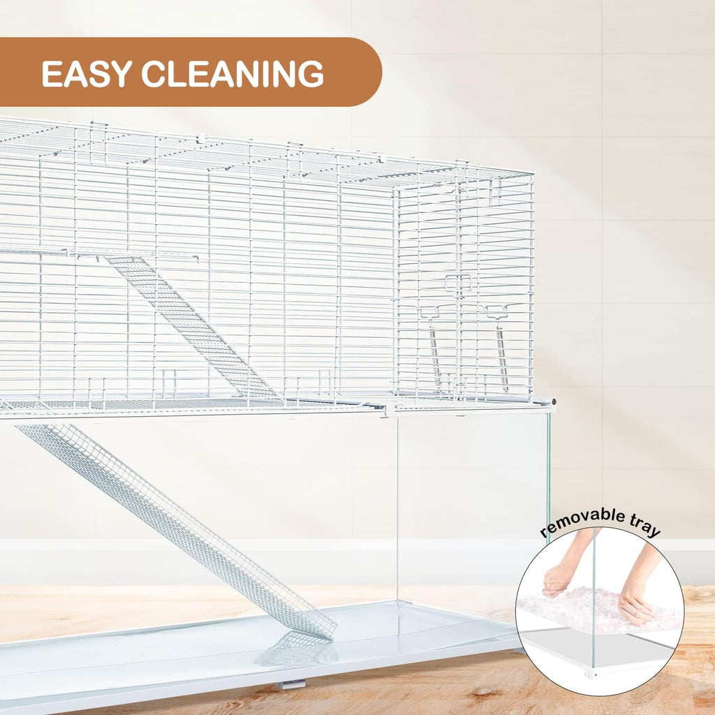 OIIBO 3 Tiers Large Hamster Cages, Glass Hamster Cage Habitat with Openable Wire Topper, Gerbil Cage with Two Ladders Ramps and Removeable Waterproof PVC Tray, Easy to Clean