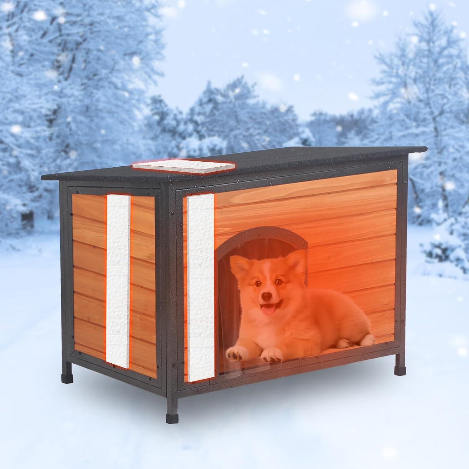 Dog House Outdoor Insulated 34.3" L Dog Kennel 6 Sides All-Round Foam Winter Weatherproof for Small Medium Dogs with Strong Metal Chew Proof Frame