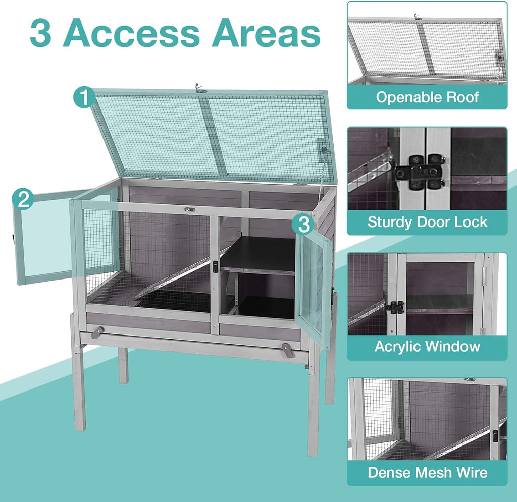 Guinea Pig Cage with Wooden Stand,Indoor Rabbit Hutch with 2 Stories,Hamster Cage with Anti Chew Ramp,Hideout, Platform, Pull Out Tray (Grey)