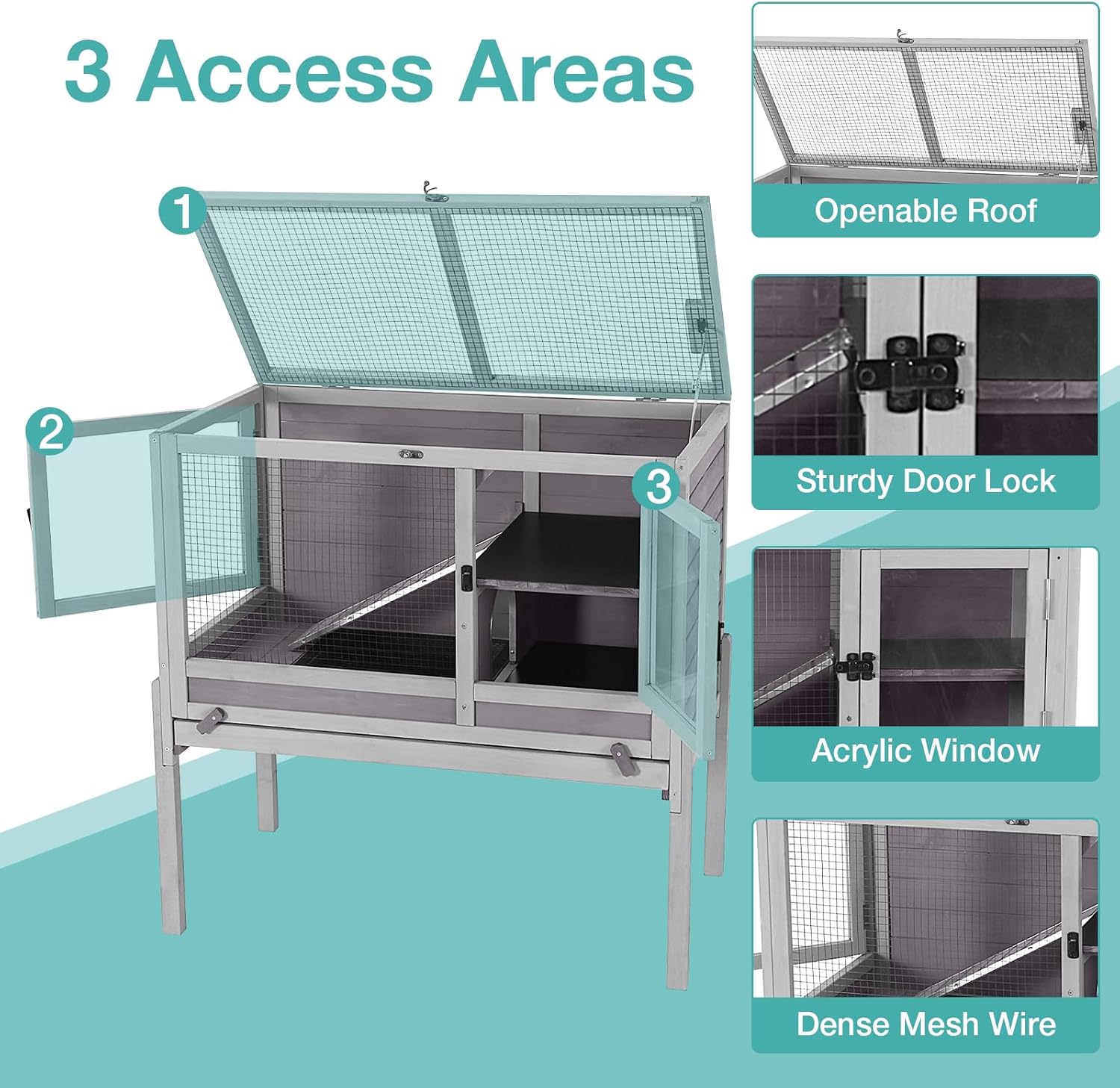 Guinea Pig Cage with Wooden Stand,Indoor Rabbit Hutch with 2 Stories,Hamster Cage with Anti Chew Ramp,Hideout, Platform, Pull Out Tray (Grey)