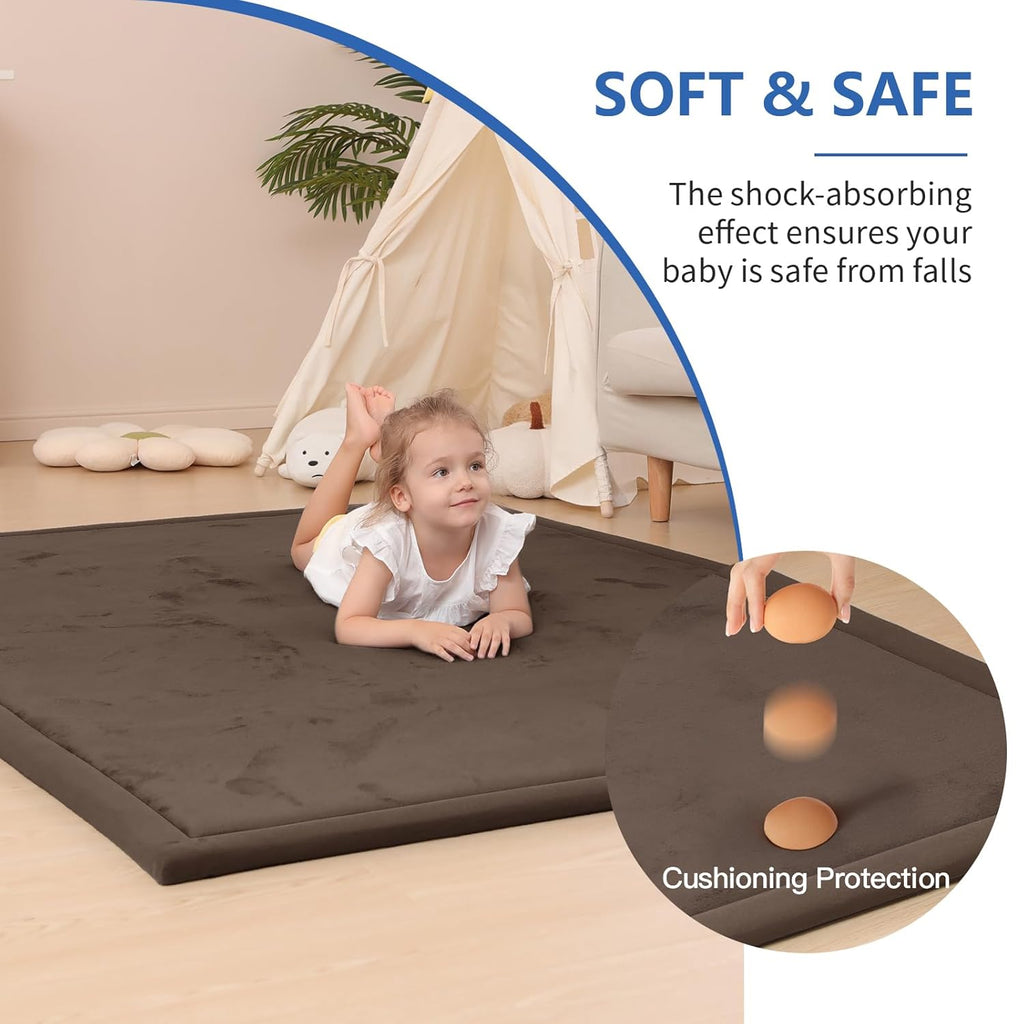 Baby Play Mat for Floor,1.3" Thick Memory foam Tummy Time Mat,79"×158“Extra Large Soft Velvet Nursery Rug,Non Slip Safe for Crawling,Toddlers,Infants,kids,Tatami Style for Living Room(Dark Brown)