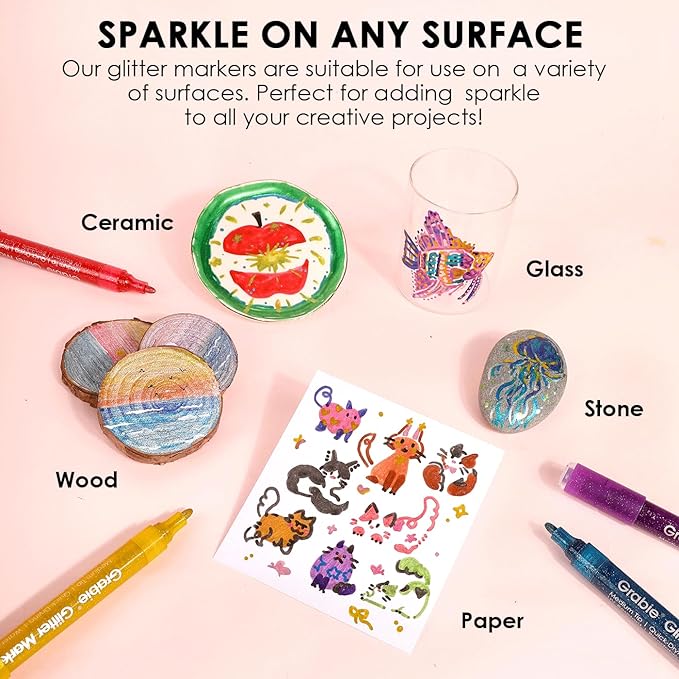 Grabie 24 Glitter Metallic Markers, Medium Tip Glitter Acrylic Paint Markers, Quick-Drying Water-based Ink Glitter Pens for Adults, DIY Crafts Making, Set of 24