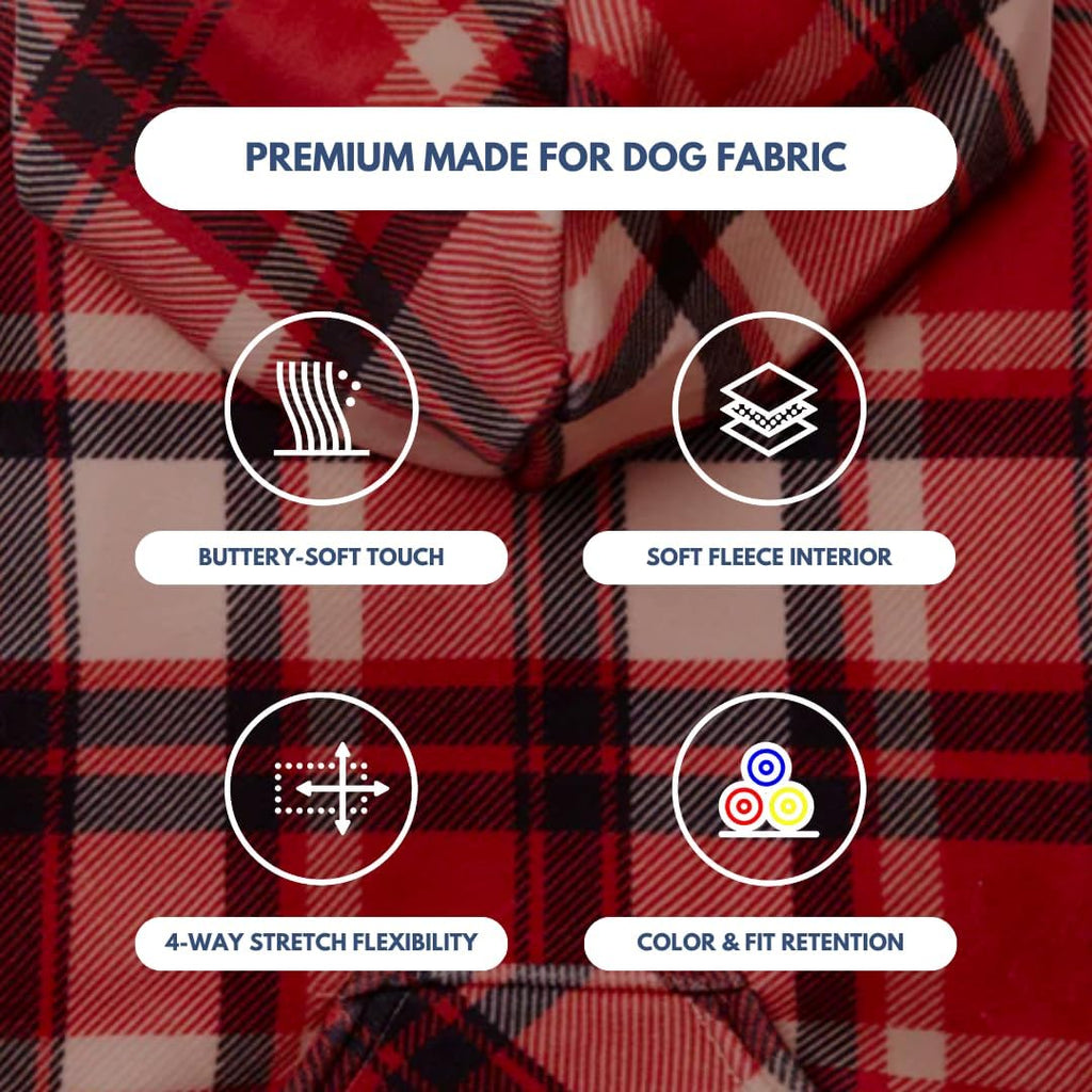 Spark Paws Dog Hoodie – Premium Dog Sweater for Small, Medium, and Large Dogs | Warm Outfits for French Bulldogs, Pitbull, Puppy, Winter Jacket Alternative - Red Plaid, L