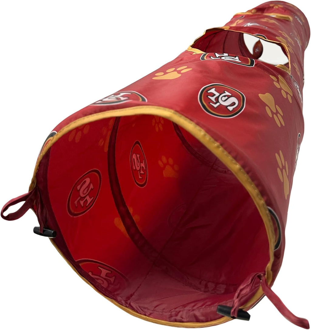 NFL San Francisco 49ers Cat Tunnel Tube Toy with Plush Football Catnip and Feathers Collapsible Tunnel for Cats to Play, Peek and Hide, Sporty & Fun Cat Tunnel Toy with Team Logo All-Over Design!