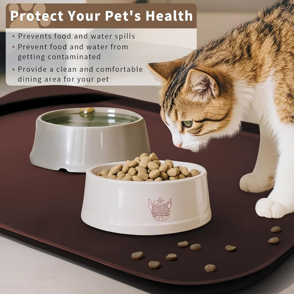 Silicone Pet Feeding Mat with Raised Edge & Residue Collection Pocket for Food and Water, Dog Bowl Mats, Cat Bowls Placemat with High Lip for Floor Waterproof, 19 x 12 x 0.7 Dark Brown