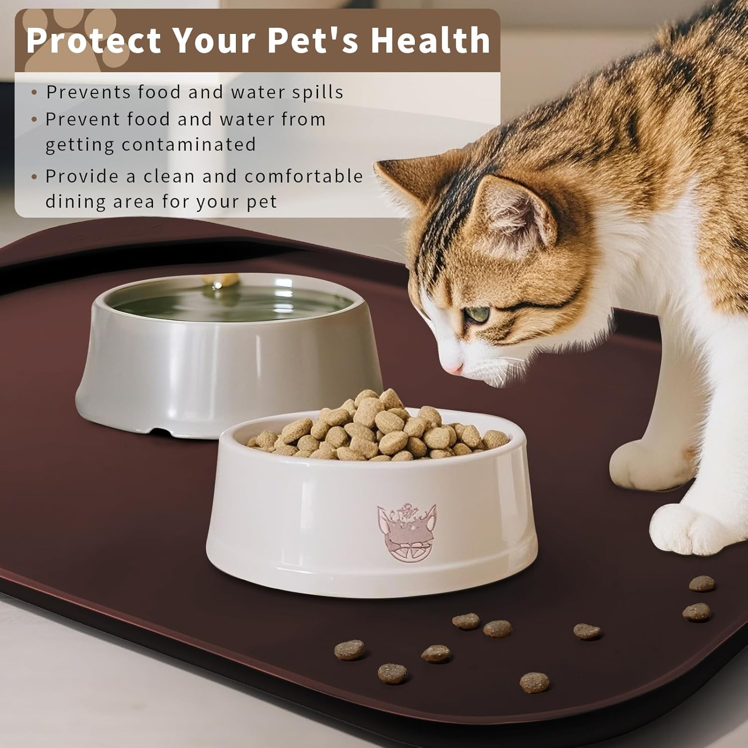 Silicone Pet Feeding Mat with Raised Edge & Residue Collection Pocket for Food and Water, Dog Bowl Mats, Cat Bowls Placemat with High Lip for Floor Waterproof, 19 x 12 x 0.7 Dark Brown