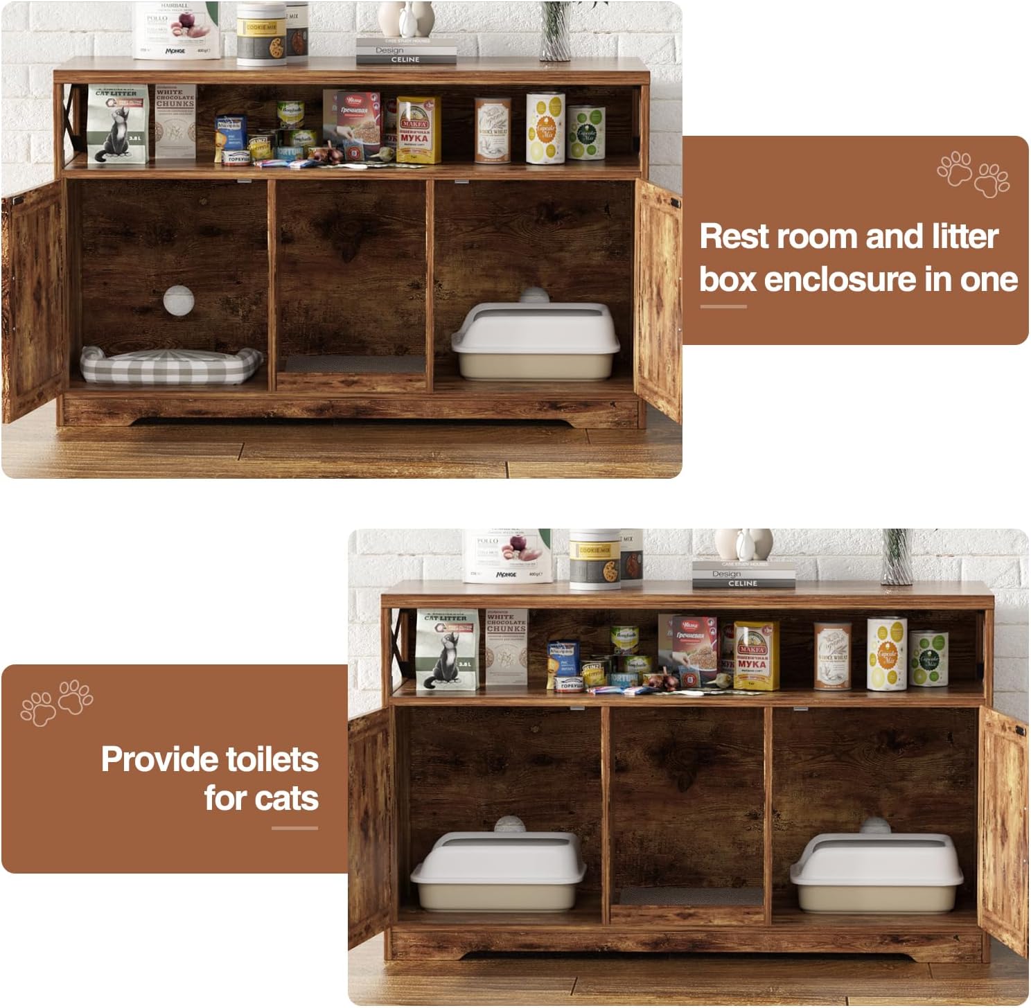 Cat Litter Box Enclosure for 2 Cats, 47" Double Hidden Litter Box Furniture with Scratch Pad, Farmhouse Indoor Litter Box Cabinet Cat Washroom, Rustic Brown