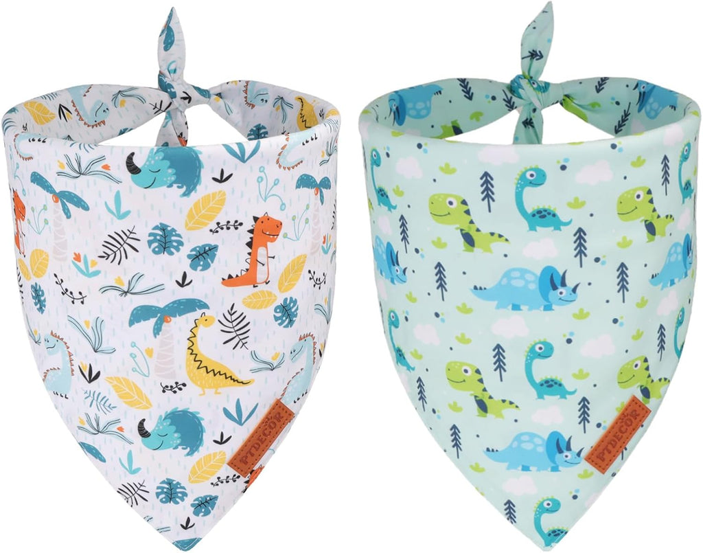 PTDECOR Dinosaurs Dog Bandana, Dinosaurs Design Reversible Pet Scarf Bib, Premium Durable Fabric, Adjustable White Green Bandanas for Small Dogs Puppies Cats(Small)