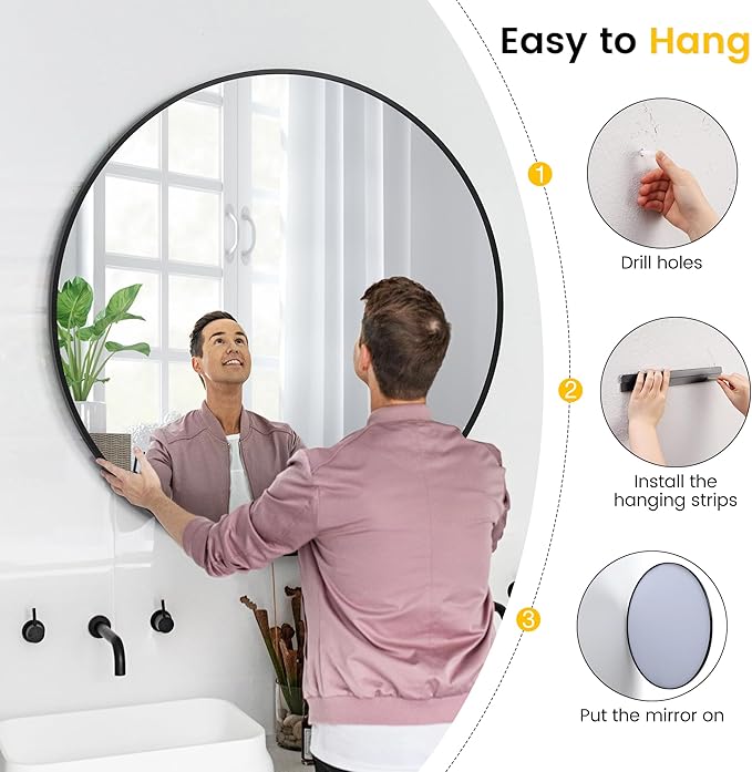 IDEALHOUSE 36 Inch Black Round Wall Mirror, Circle Mirror Metal Frame for Bathroom, Vanity, Entryway, Bedroom, Living Room, Wall Mounted Modern Rustic Decor