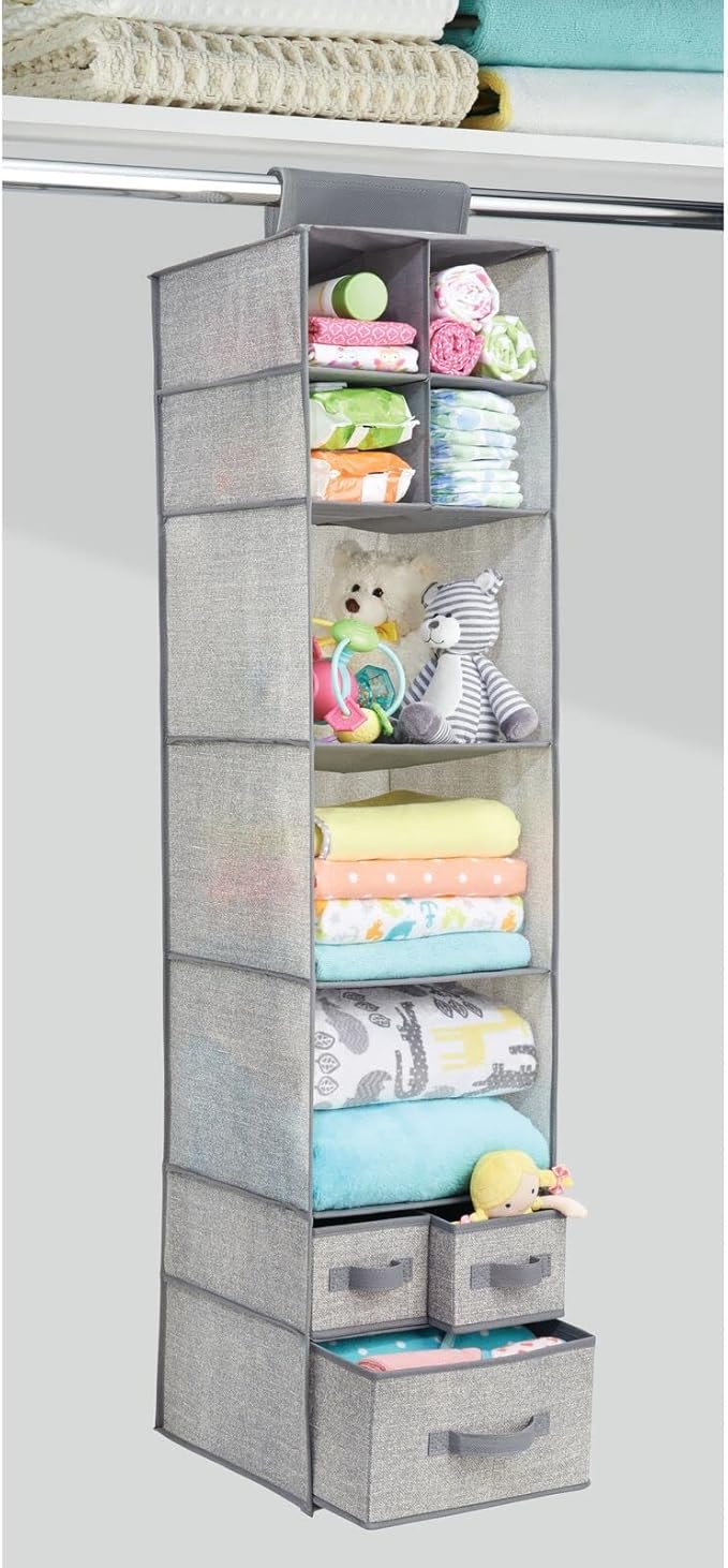 mDesign Fabric Hanging Organizer - Closet Rod Storage - 7 Shelves/3 Drawers for Baby Nursery Bedroom Organization - Hold Clothes, Linens, Toys, Accessories - Lido Collection - 2 Pack - Gray