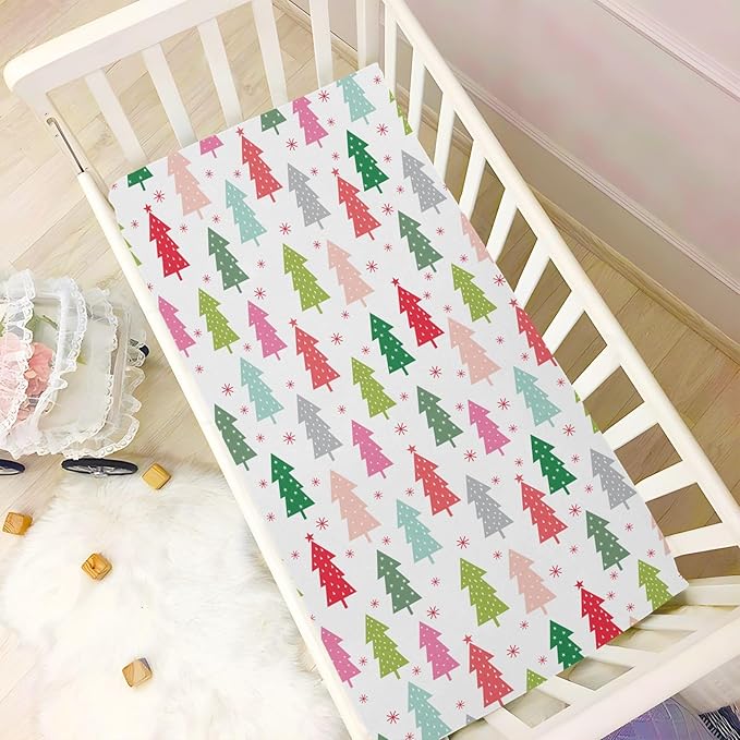 Colorful Christmas Tree Crib Sheets Soft Breathable Fitted Baby Playard Sheets Mattress Cover for Girl Boys, 39" x 27" x 5"