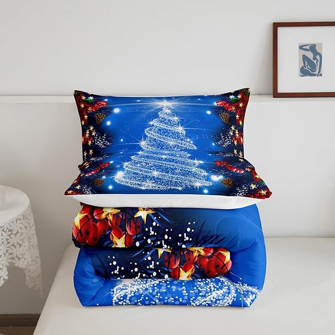 Feelyou Kids Merry Christmas Decorations Comforter Set, Kids Santa Tree Bedding Set Full Size for Boys Girls Teens Xmas Christmas Bell Decor Comforter Glitter Blue Quilt Set