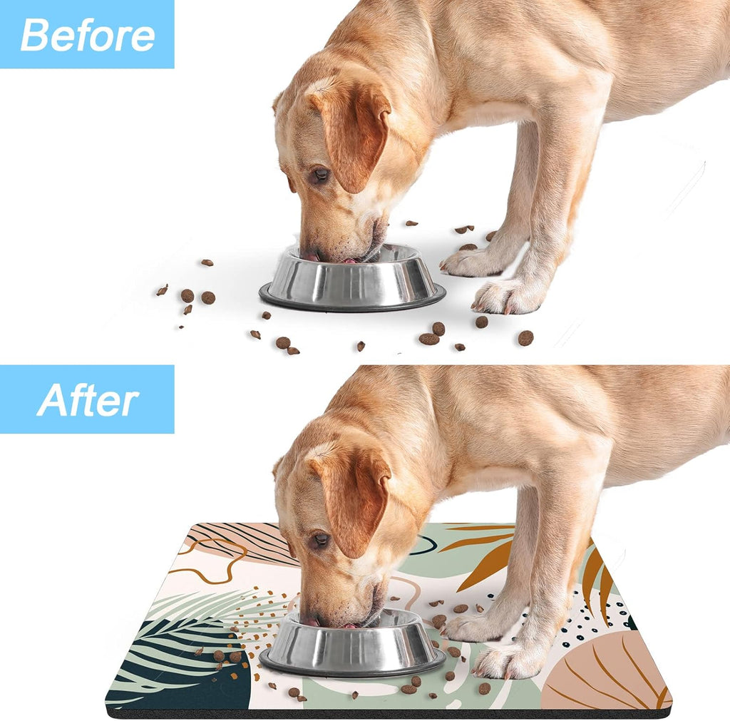 Rnivvi Dog Food Mat, 12" x 19" Boho Absorbent Dog Cat Bowl Mat for Food and Water, Cute Anti-Slip Rubber Pet Feeding Rug Protect Floors, Puppy Placemat for Feeding & Watering Supplies, Tropical Leaves