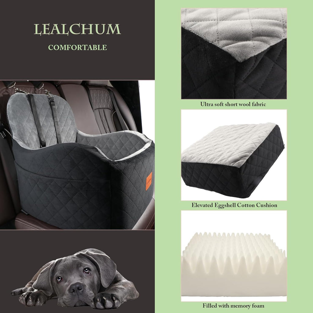Dog Booster Car Seat for S/M Dogs Up to 35lbs,Soft 6in Elevated Cushion,Fits in Front/Back Seat,Fully Detachable and Washable,2 Storage Pockets & 3 Straps,Easy to Install (Black/Brown,Medium)