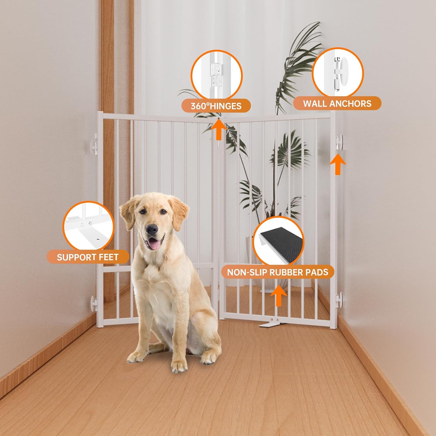Full Metal Freestanding Dog Gate with Door, 32''Height Foldable Pet Dog Fence for Indoor & Outdoor, 2 Panels Extra Wide Free Standing TallDog Gates for Doorways,House,Stairs,Porch,Deck,Yard