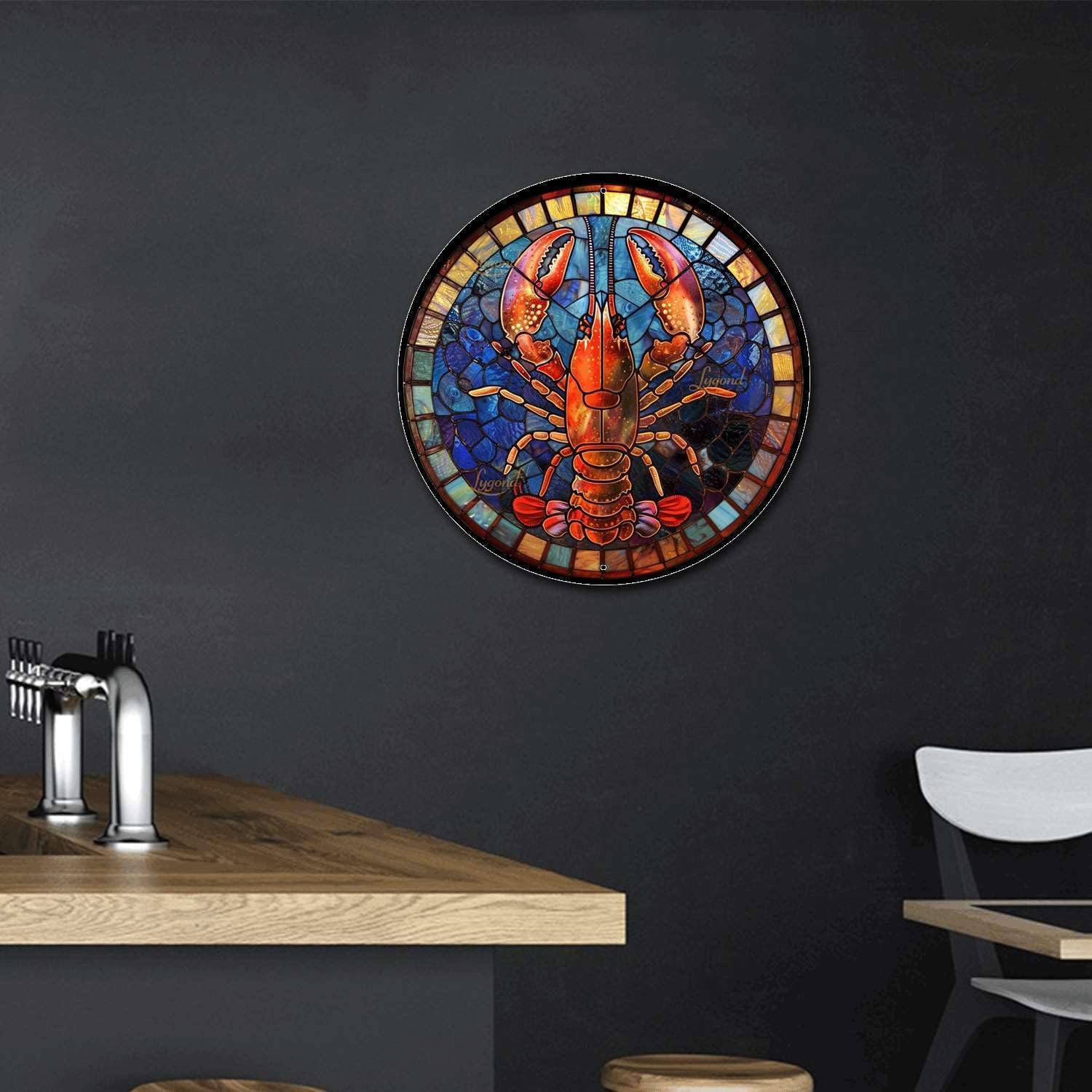 Lygond Metal Sign Tin Sign Circular Stained Glass Lobster Gardening Poster for Club 8×8 Inches