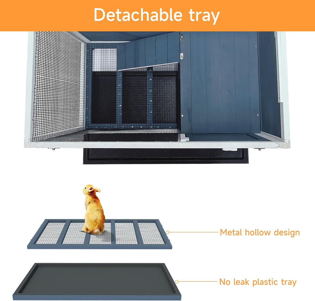 Two Floors Wooden Indoor Bunny Hutch Rabbit Cage on Wheels Guinea Pig PET House for Small to Medium Animals Waterproof No Leak Tray (M)