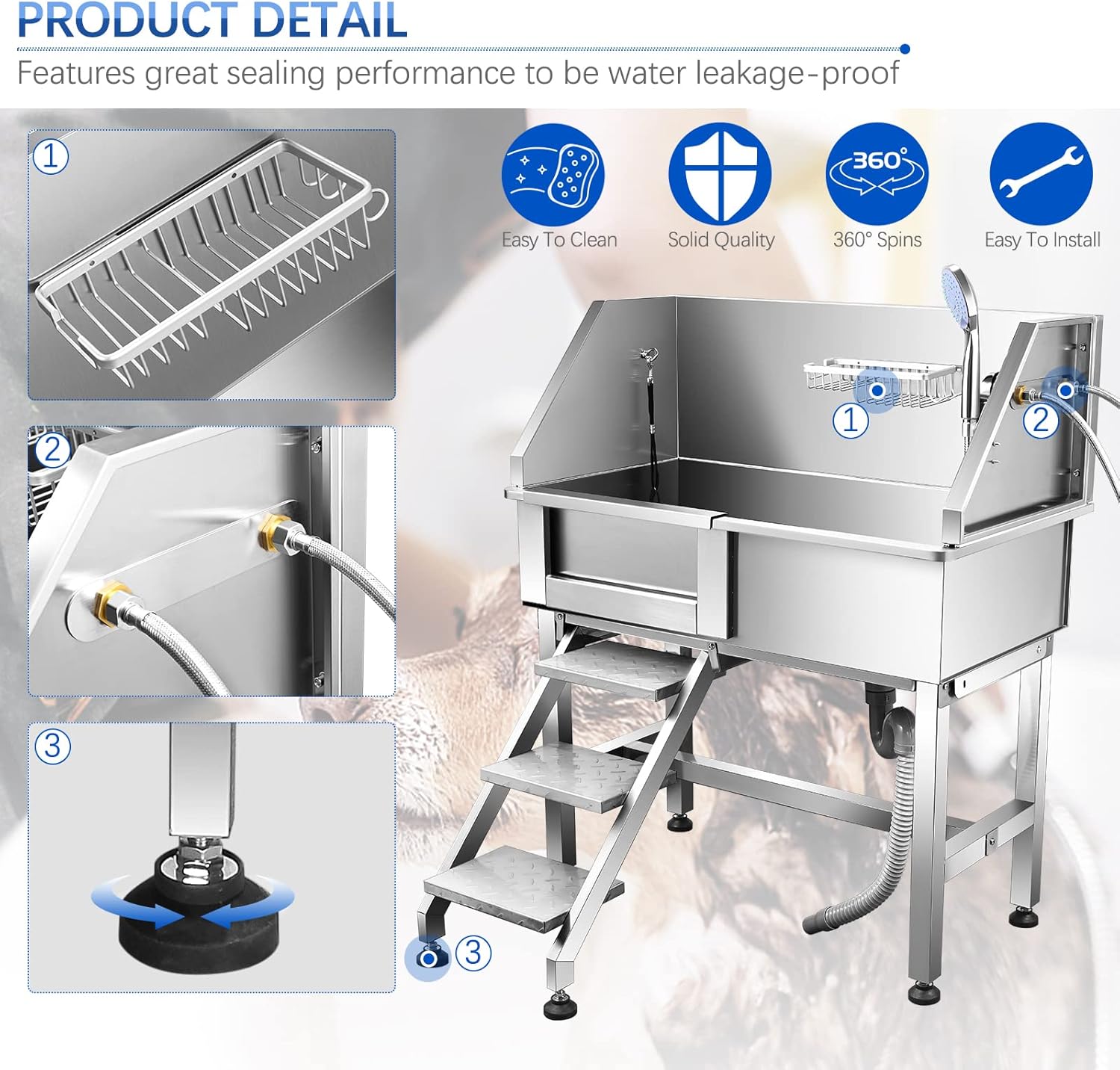 Dog Bath Tub 34'' Small Dogs, Pet Grooming Bahtub Home Washing Station for Small Pets Stainless Steel with Sliding Doors, Left Steps