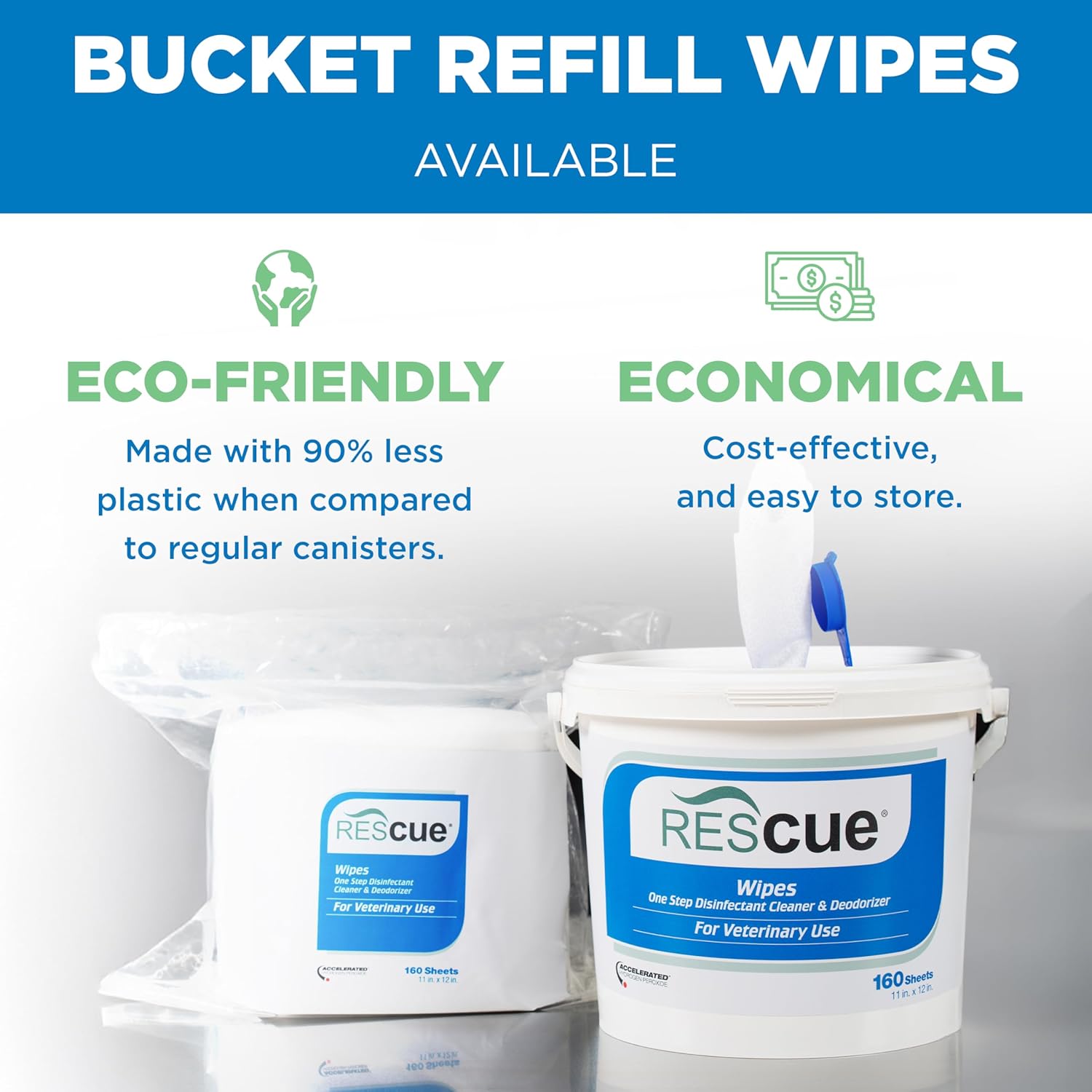 REScue One-Step Disinfectant Cleaner & Deodorizer Wipes for Vet Use – Cleaner for Kennels, Litter Boxes, Vet Offices, Pet Grooming Surfaces – Extra Large Wipes, 160-Count Bucket Refill (4 Pack)
