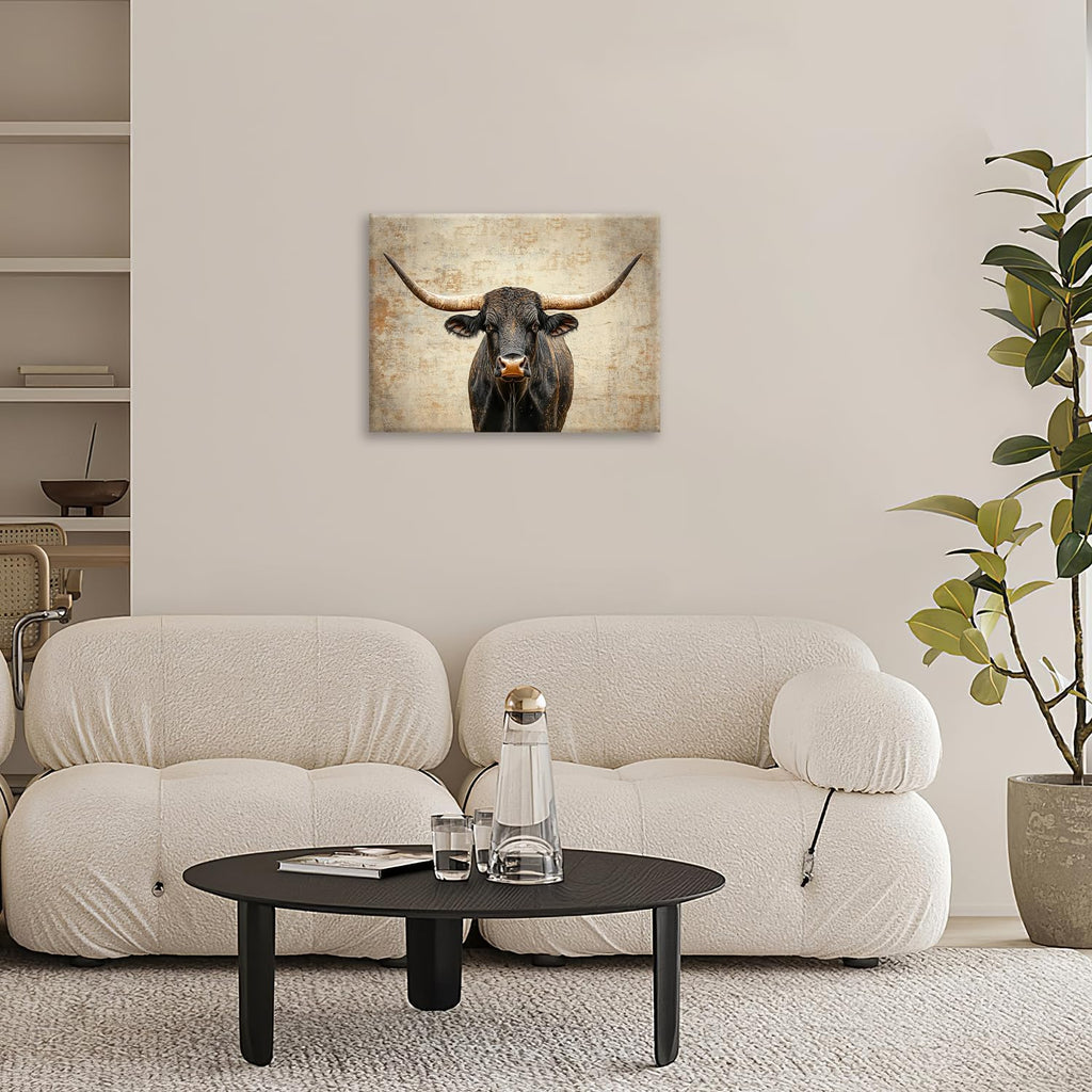 Rustic Highland Cow Pictures Wall Art, Farmhouse Black Cow Bathroom Wall Decor Animal Framed Painting Canvas Artwork for Bathroom Bedroom Living Room Decorations 20"L x 16"W