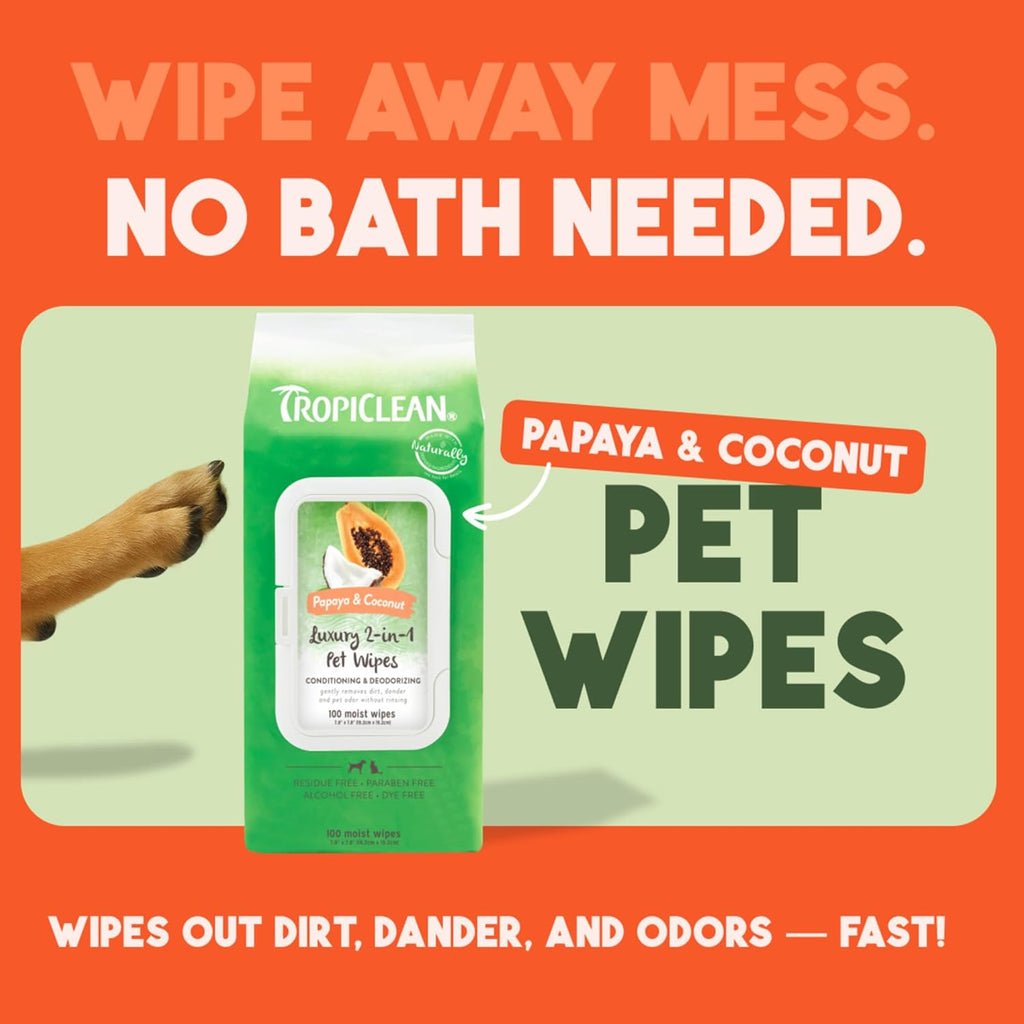 TropiClean Papaya & Coconut Luxury 2-in-1 Pet Wipes, 100ct - Wipes for Dogs & Cats - Gently Removes Dirt, Dander & Smells - for Pet Paws, Face, Body & Bottom - Tropical Papaya & Coconut Scent