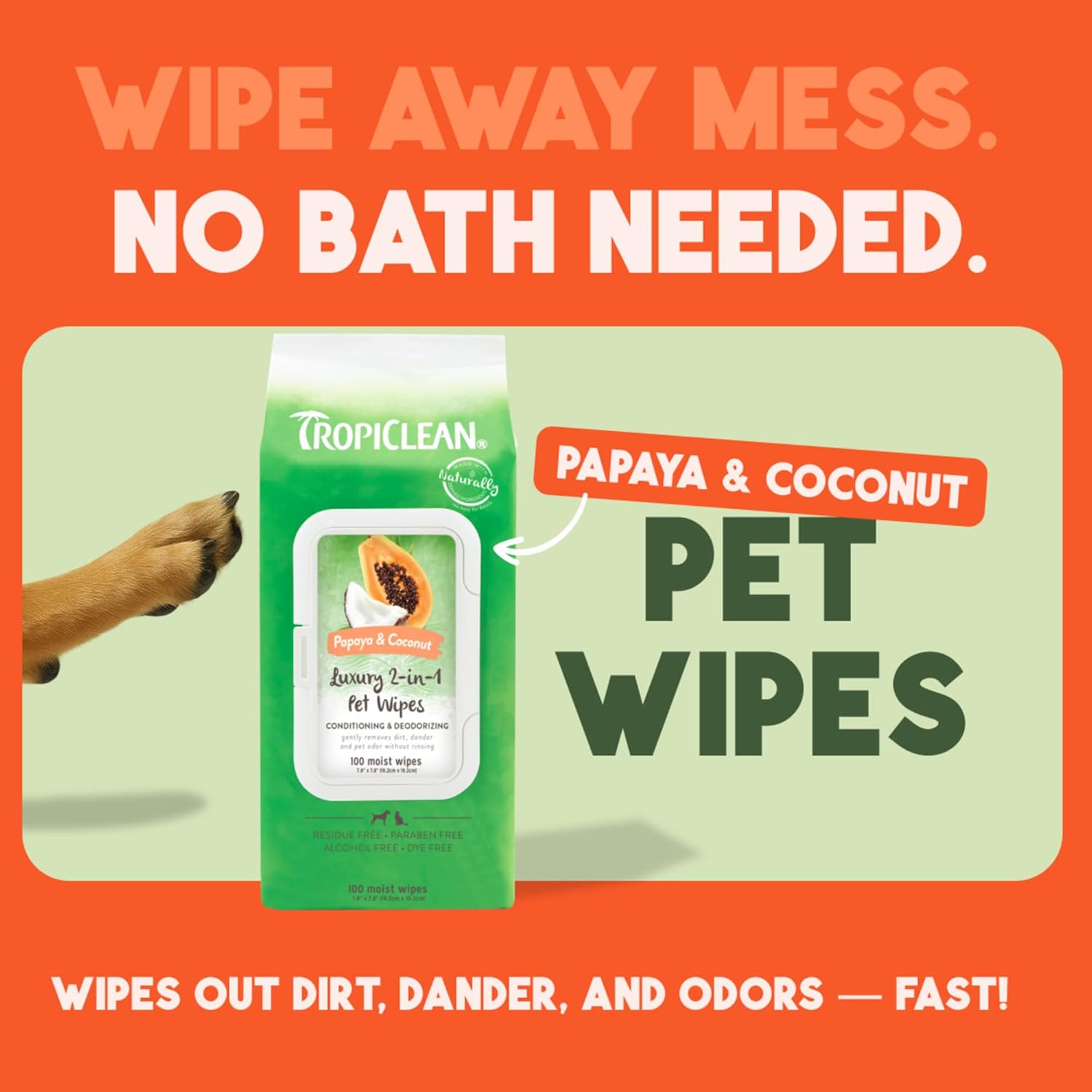 TropiClean Papaya & Coconut Luxury 2-in-1 Pet Wipes, 100ct - Wipes for Dogs & Cats - Gently Removes Dirt, Dander & Smells - for Pet Paws, Face, Body & Bottom - Tropical Papaya & Coconut Scent