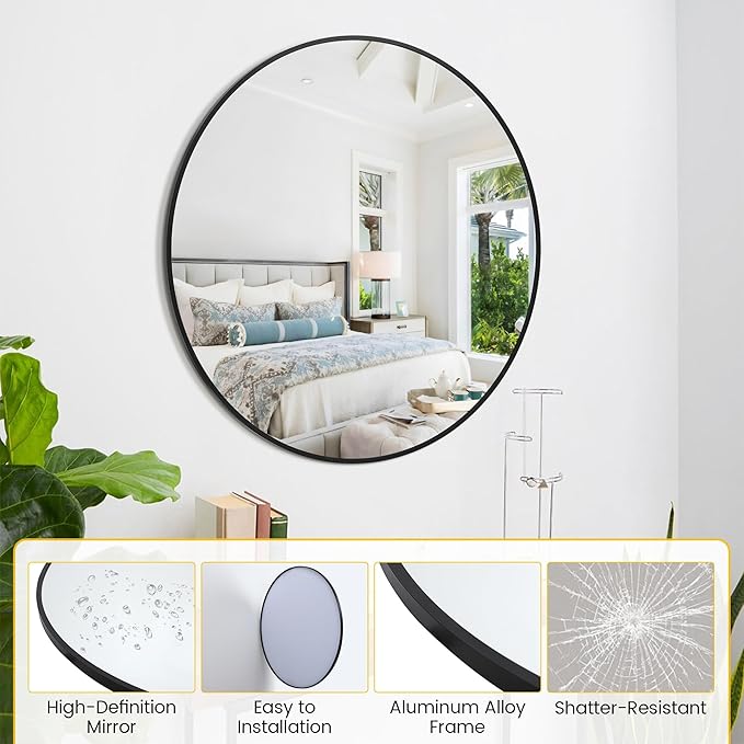 Round Mirror 24 Inch Circle Bathroom Mirror: Fog Resistant Glass with Aluminum Frame - Wall Mounted Vanity Mirror for Entryway, Bedroom & Living Room Decor，Black