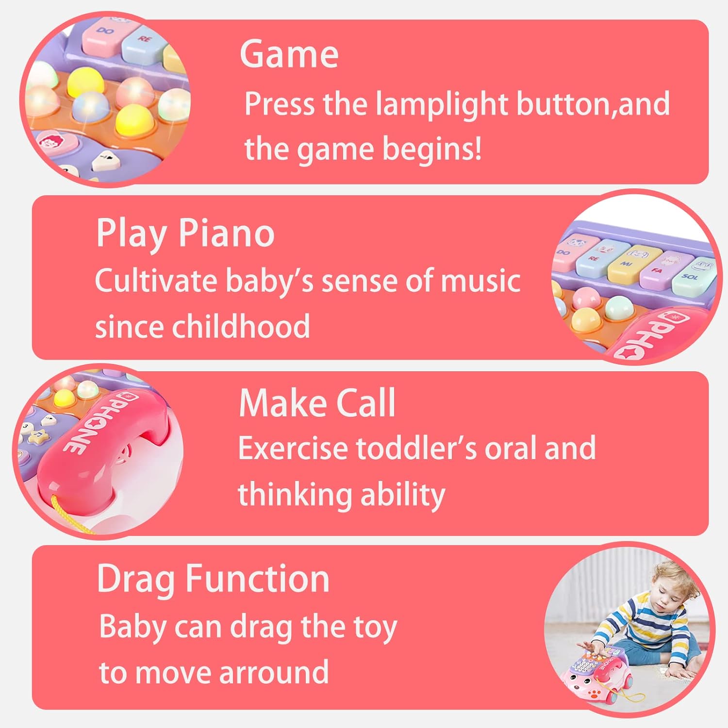 Baby Phone Toy,Baby Toy Phone Cartoon Baby Piano Music Light Toy Children Pretend Phone, Kids Cell Phone Girl with Light Parent-Child Interactive Toy Gift Game Boy Girl Early Education Gift Pink 18M+