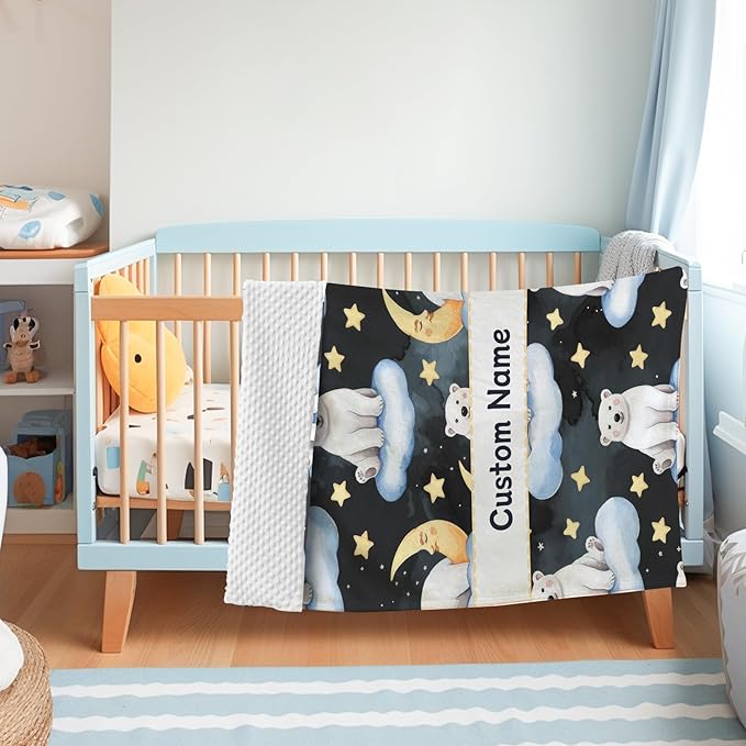 Custom Baby Blanket with Name, Double Layer Soft Dot Back Personalized Baby Blanket for Boys Girls, Polar Bear Blanket for Newborn Toddler, Customized Swaddle for Kids Birthday Gifts(30" x40)