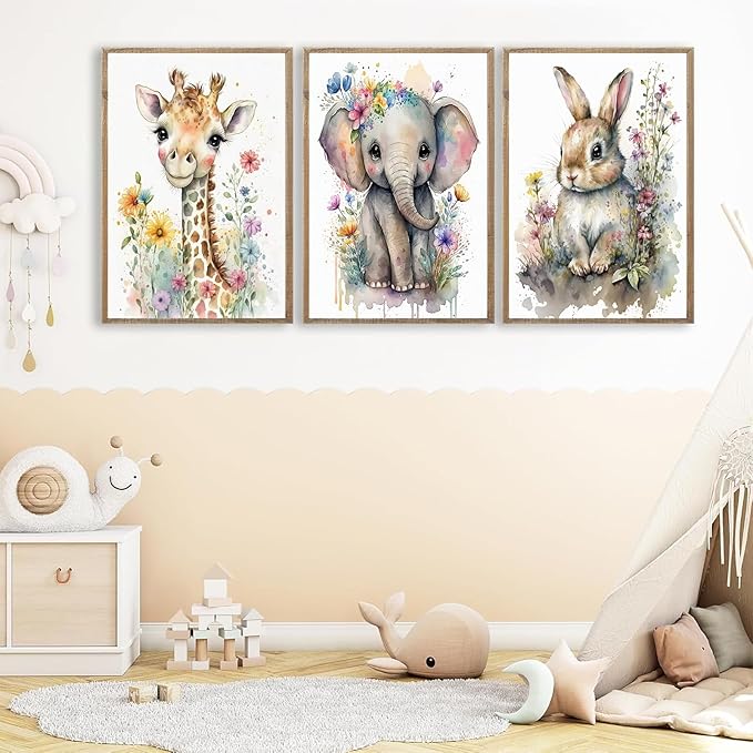 3Pcs Baby Watercolor Safari Animals Nursery Canvas Wall Art Cute Jungle Animals with Wildflower Picture Posters Wall Decor Giraffe Elephant Rabbit Painting Print Artwork for Kids Children Room 16x24in