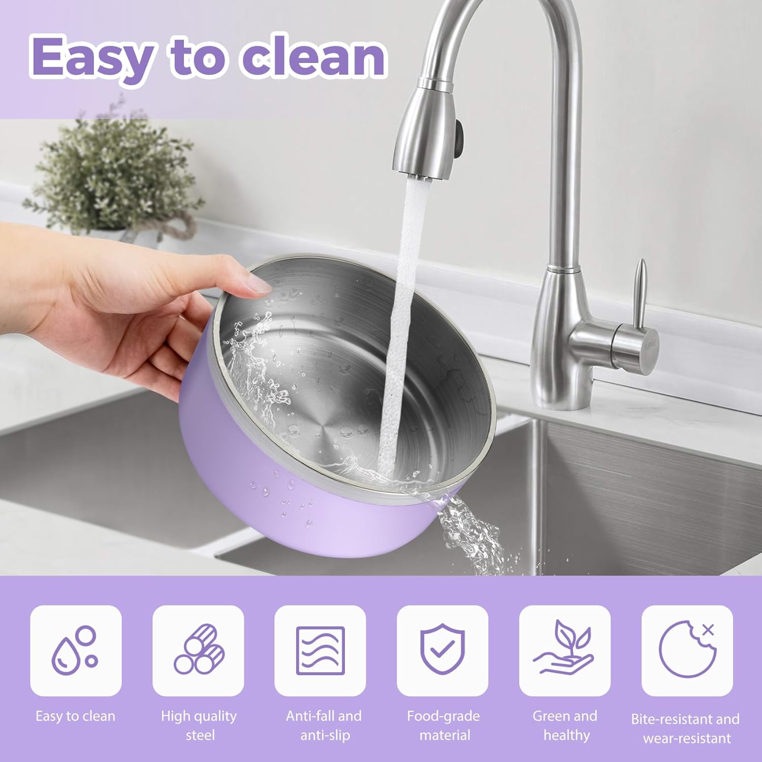 Stainless Steel Dog Bowls, Metal Dog Bowls, Water Bowl for Dogs, Dog Food Bowls, Pet Bowls for Dogs, Dog Dish for Large Dogs, Insulated Dog Bowl, Non Slip Dog Bowl,Easy Clean,64oz,LightPurple
