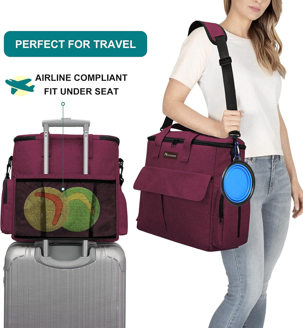 Airline Approved Pet Travel Bag, Weekend Travel Set for Dog and Cat, Airline Approved Tote Organizer with Multi-Function Pockets, 2 Dog Food Storage Containers, 2 Collapsible Bowls (Rose Red)