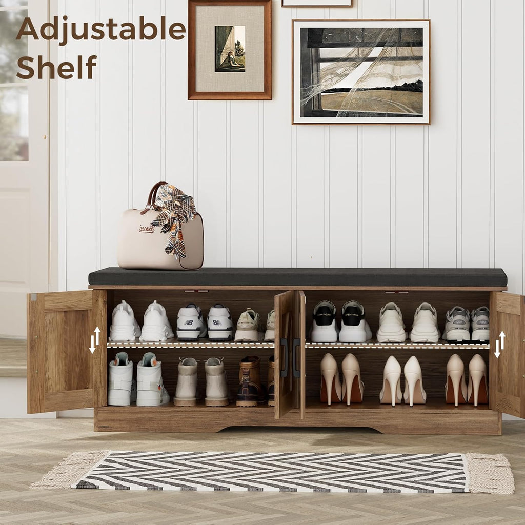 2-Tier Storage Bench, Shoe Bench with Padded Seat Cushion, Entryway Bench with 4 Barn Doors, Adjustable Shelf, 13.8" D x 47.2" W x 17.7" H, for Entryway, Living Room, Bedroom, Rustic Walnut