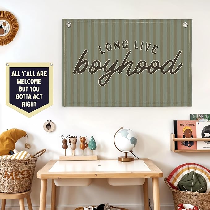 Lacama Green Long Live Boyhood Boys Room Decor, Boy Nursery Decor, Canvas Banner Wall Hanging Banner Flag Decor for Nursery Playroom Toddler Room, Boys Kids Rooms Decor, 30x20 Inch