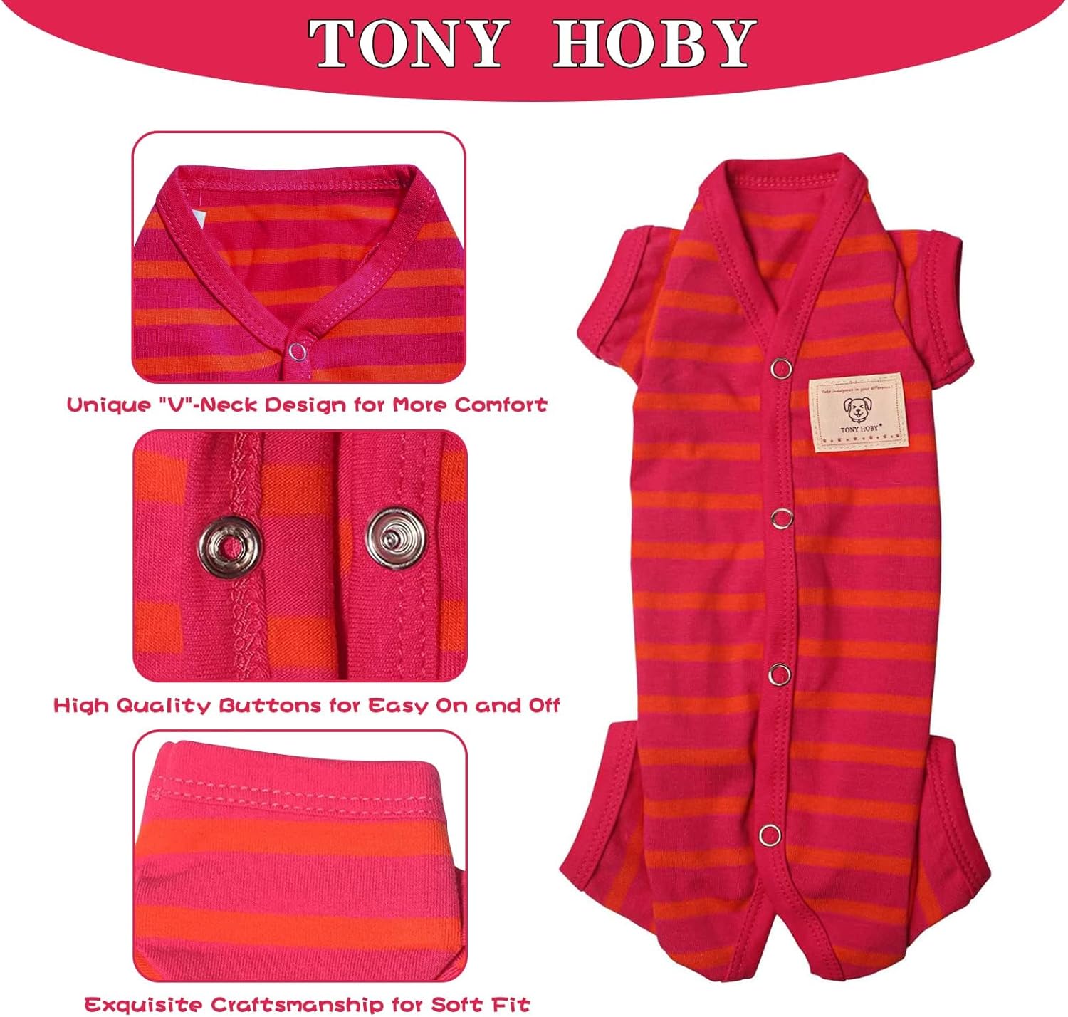 TONY HOBY Female/Male Dog Pajamas, Dog Jumpsuit 4 Legged Pajamas with Stripes, Soft Cotton for Comfortable Sleep (Rose Red&Orange, Boy, L)
