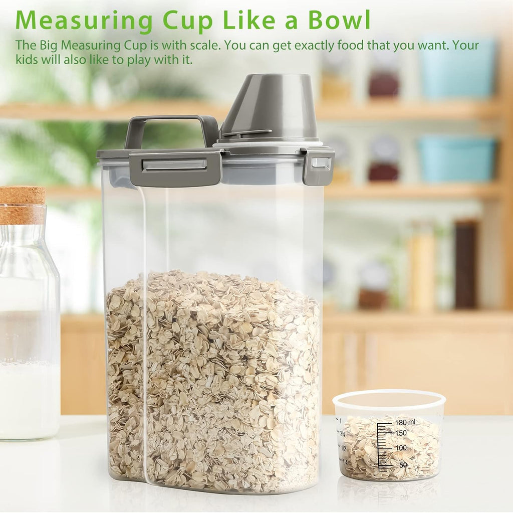 Rice Airtight Storage Container, 3 to 5Lbs Cereal Dry Food Flour Bin, Pet Dog Cat Food Dispenser with Measuring Cup, BPA Free Clear Plastic Kitchen and Pantry Organization Bin for Sugar