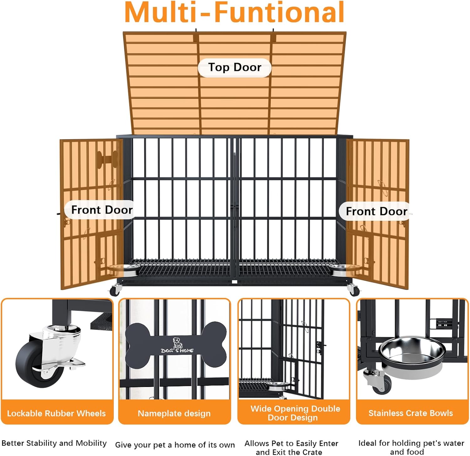 aboxoo 48 inch Stackable Heavy Duty Metal Dog Crate for 4 Dogs/Large Dog,All Metal Open Top Access,Escape Proof Cage,Dog Kennel Indoor with Wheels,Floor Grid, Tray, Divider and Feeding Bowl
