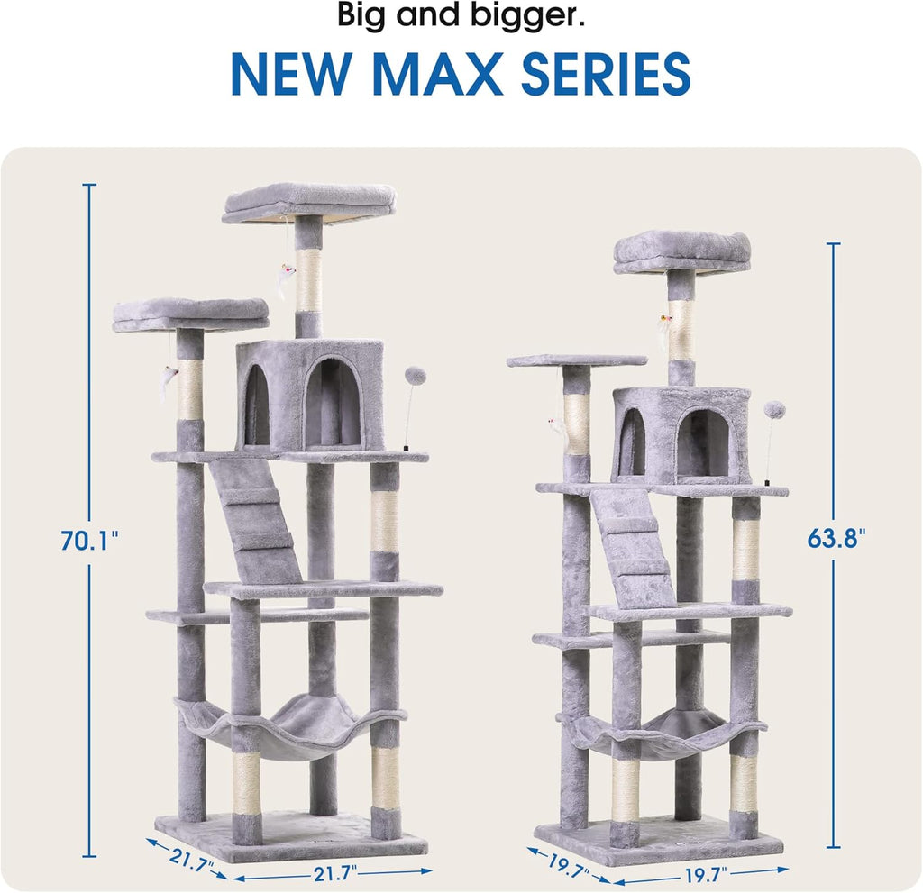 MWPO 70.1-Inch Large Cat Tree, Multi-Level Tall Cat Tower for Indoor Cats, Plush Cat Condo with Big Padded Perches, Sisal-Covered Scratching Posts, Hammock, Toys for Kittens & Cats - Light Grey
