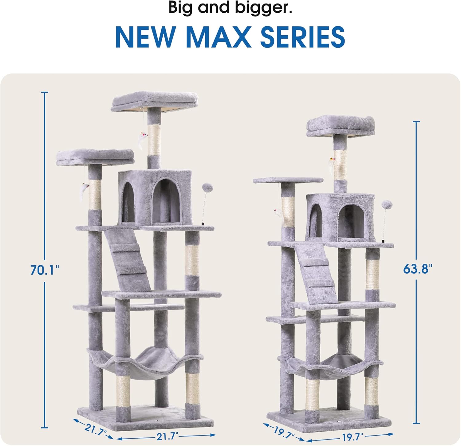 MWPO 70.1-Inch Large Cat Tree, Multi-Level Tall Cat Tower for Indoor Cats, Plush Cat Condo with Big Padded Perches, Sisal-Covered Scratching Posts, Hammock, Toys for Kittens & Cats - Light Grey