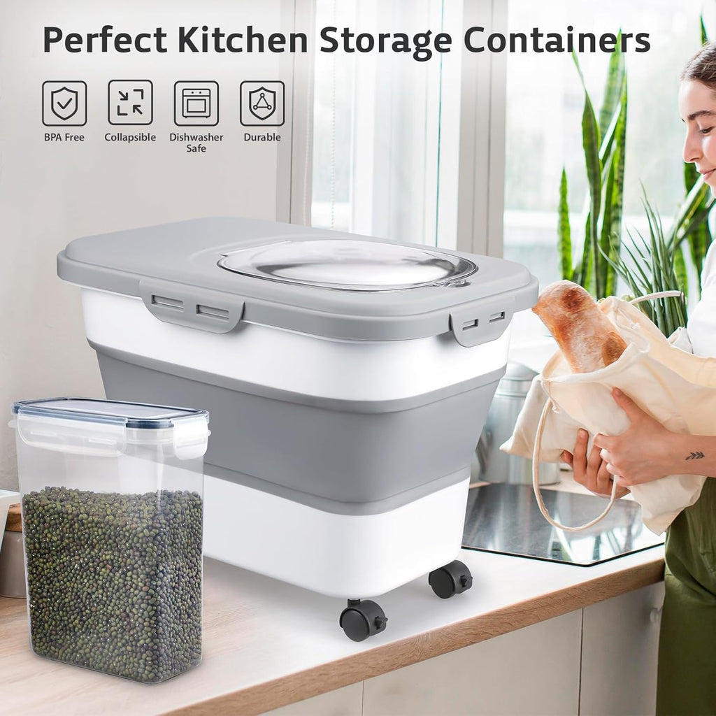 Rice Storage Containers, Collapsible 20 to 30Lbs Food Storage Bin Dispenser with Rolling Wheel and Clear Airtight Lid, BPA Free Flour, Sugar, Cereal and Dog Cat Pet food Containers